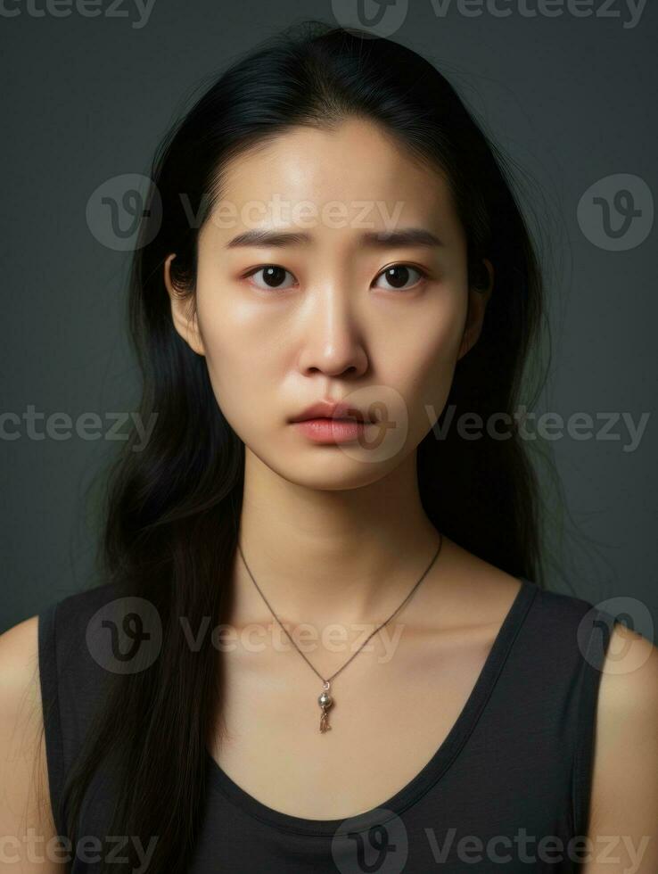 Asian woman is sad on a minimalist neutral background AI Generative photo