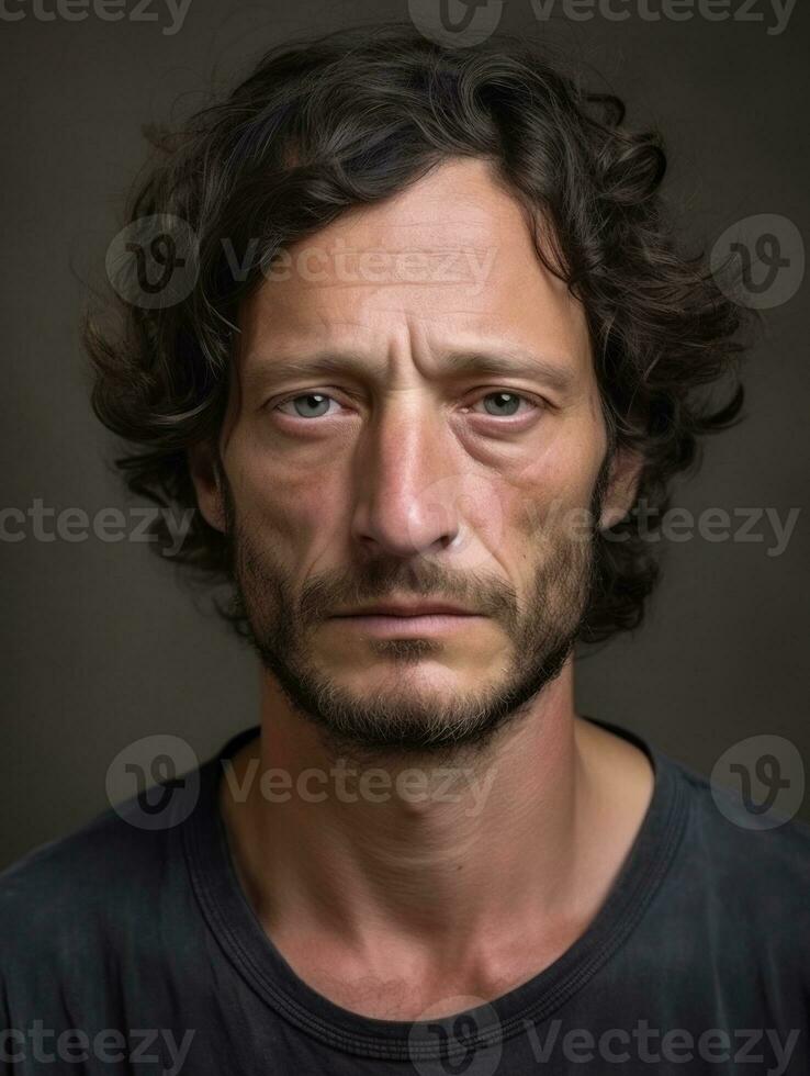 Brazilian man is sad on a minimalist neutral background AI Generative photo