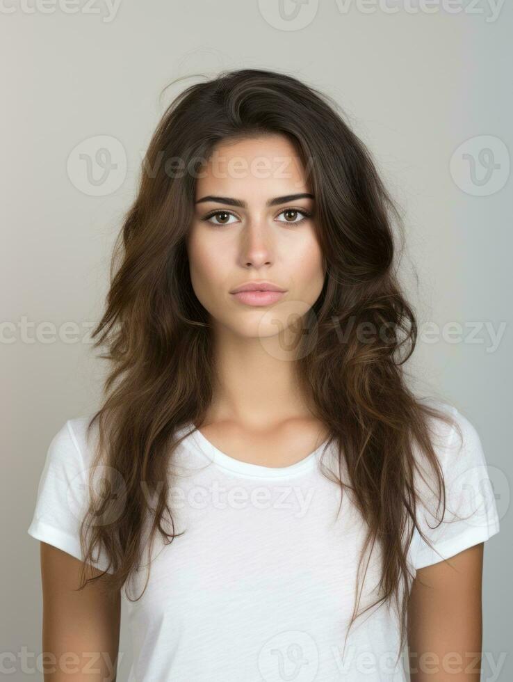 Brazilian woman is sad on a minimalist neutral background AI Generative photo