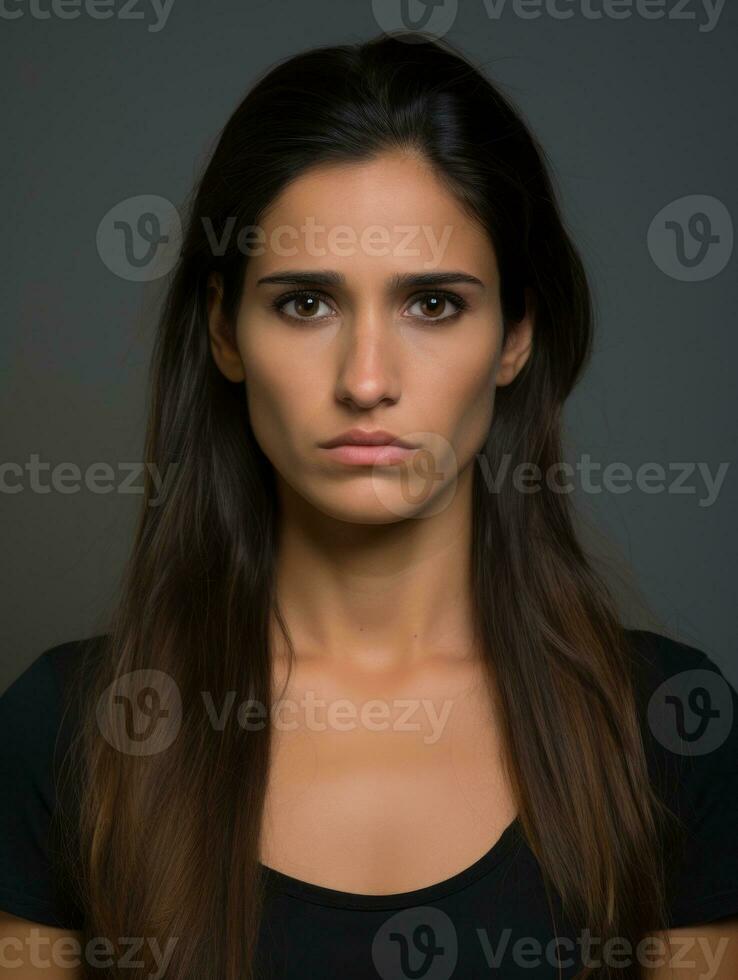 Brazilian woman is sad on a minimalist neutral background AI Generative photo