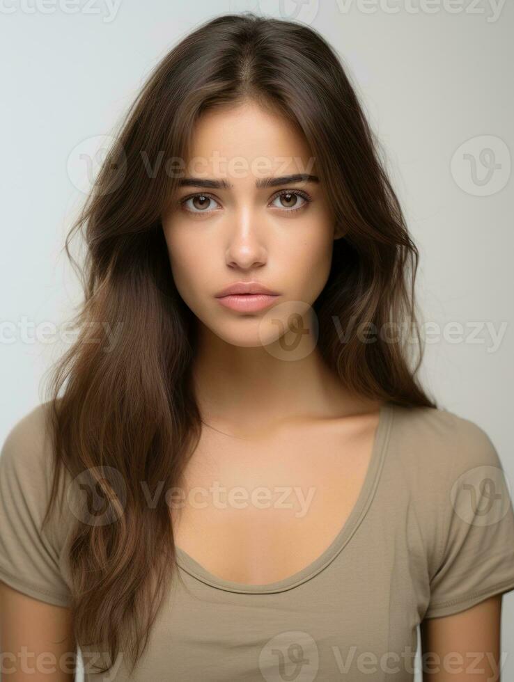 Brazilian woman is sad on a minimalist neutral background AI Generative photo