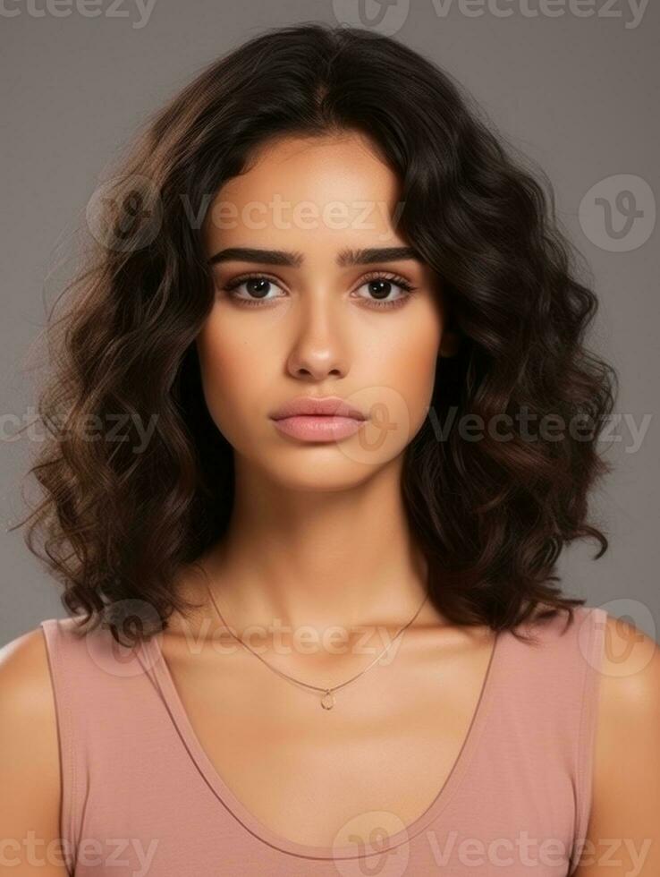 Brazilian woman is sad on a minimalist neutral background AI Generative photo