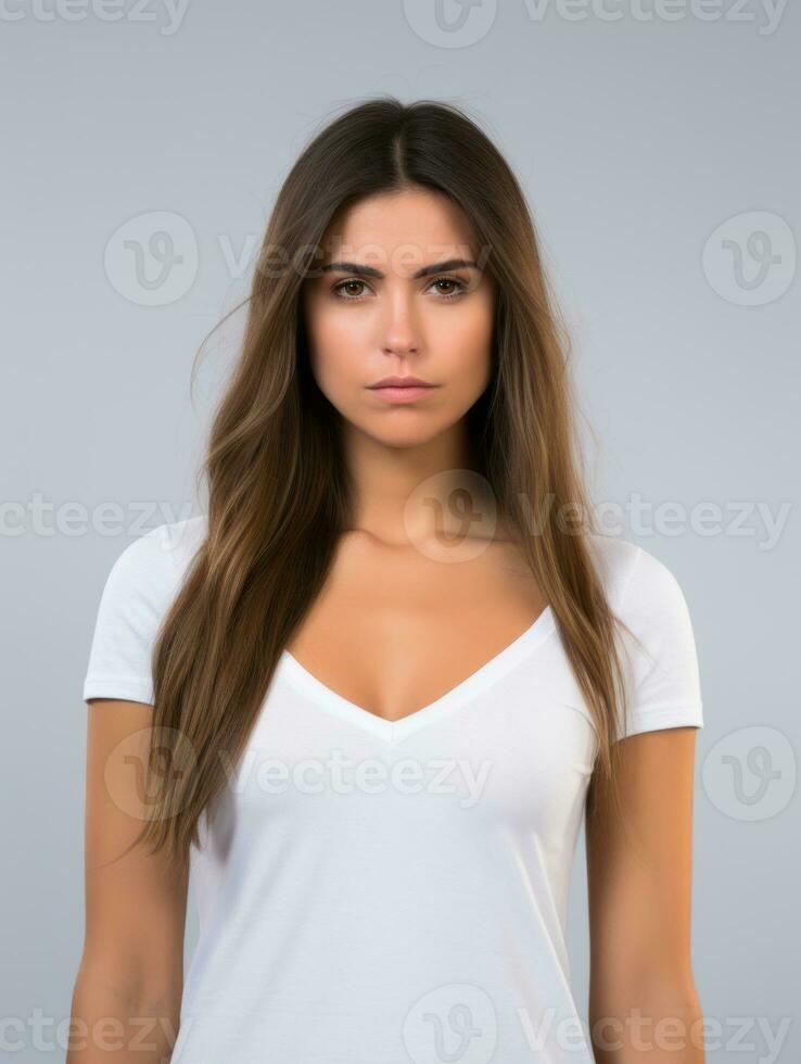 brasileño mujer es triste en un minimalista neutral antecedentes ai generativo foto