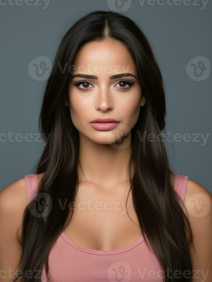 Brazilian woman is sad on a minimalist neutral background AI Generative photo