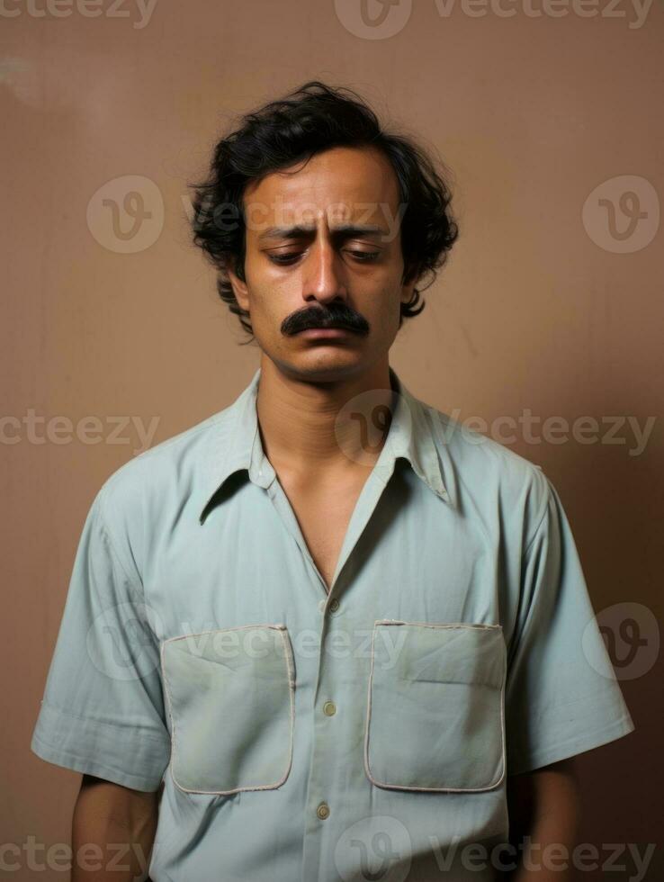 Indian man is sad on a minimalist neutral background AI Generative photo