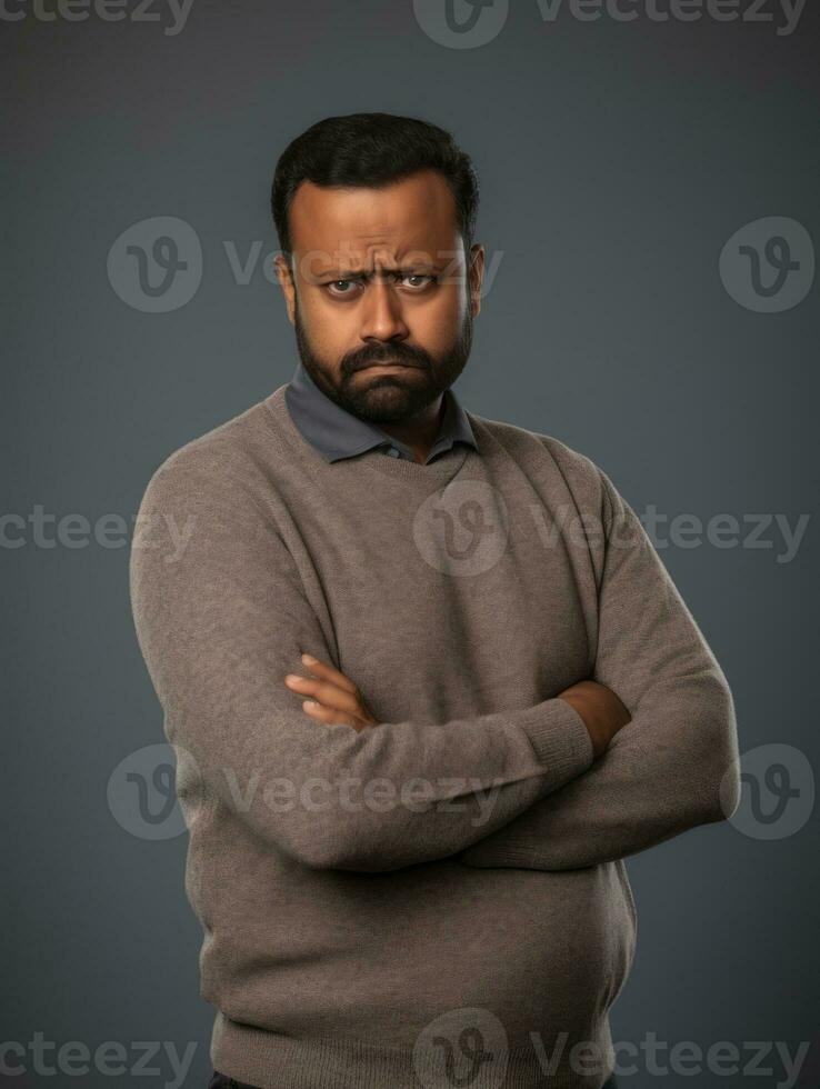 Indian man is sad on a minimalist neutral background AI Generative photo