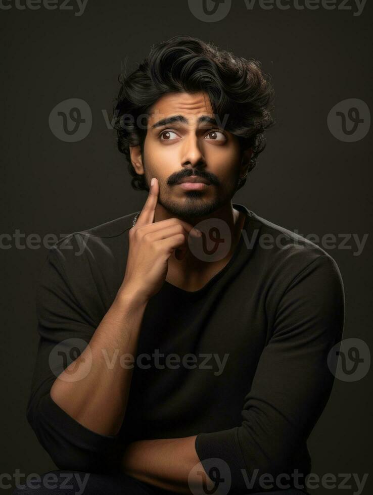 Indian man is sad on a minimalist neutral background AI Generative photo