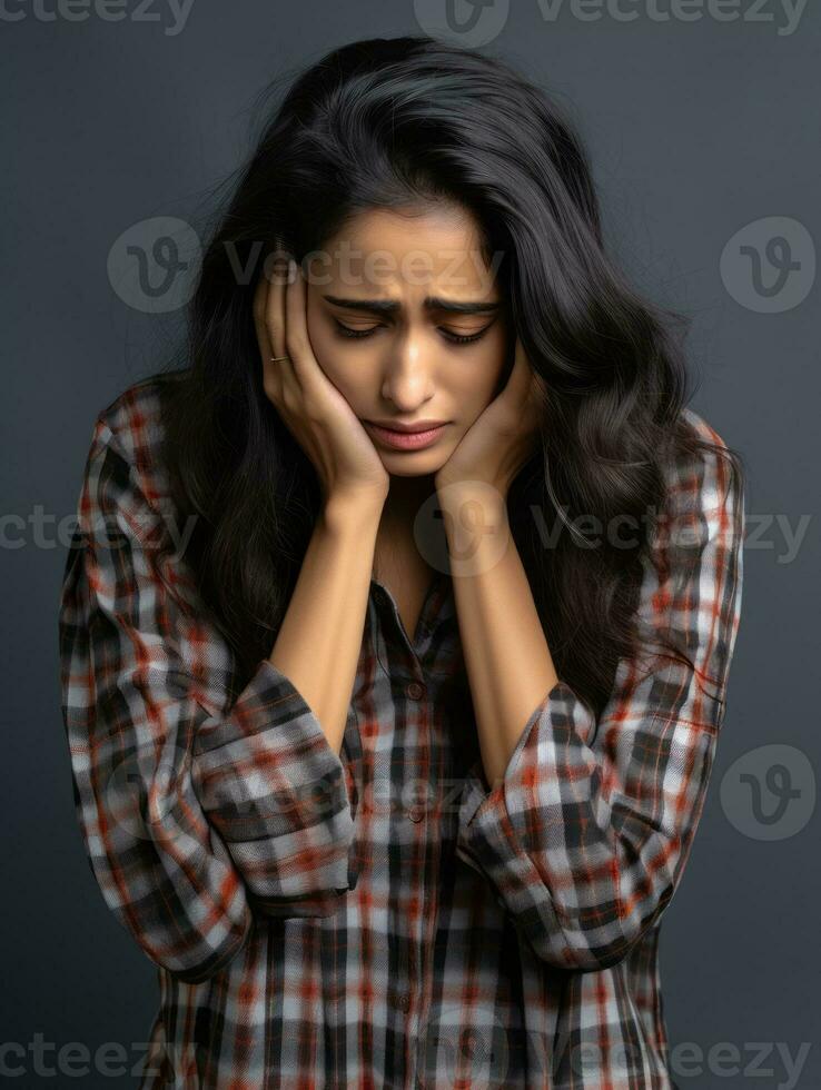 Indian woman is sad on a minimalist neutral background AI Generative photo