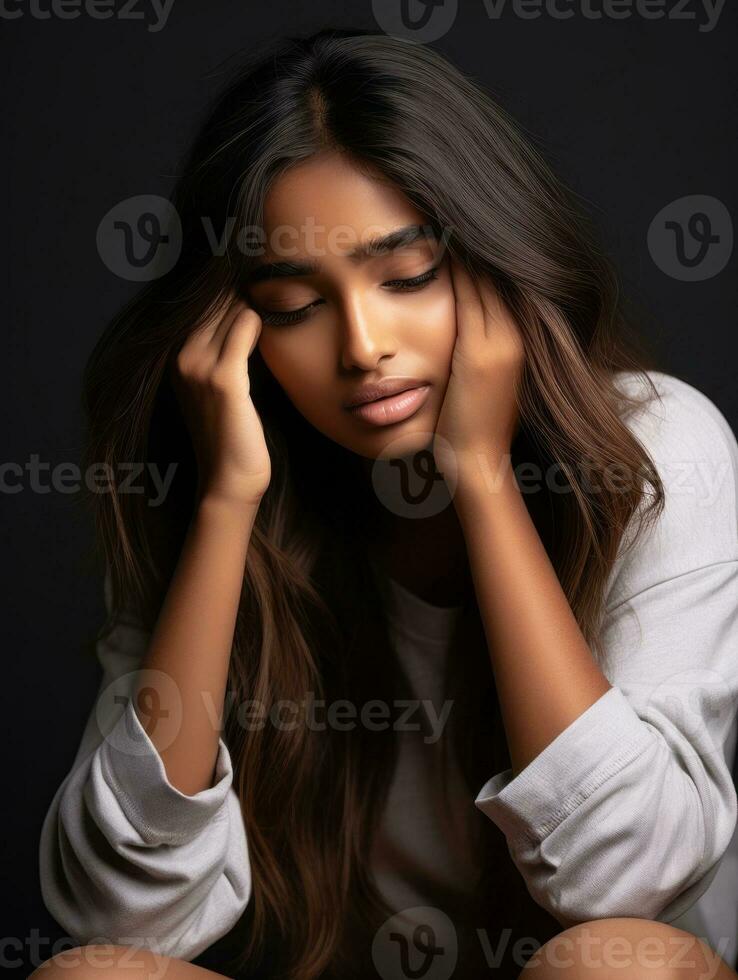 Indian woman is sad on a minimalist neutral background AI Generative photo