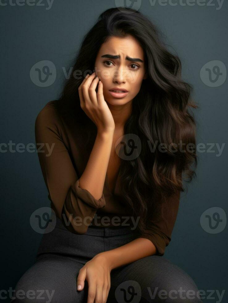 Indian woman is sad on a minimalist neutral background AI Generative photo