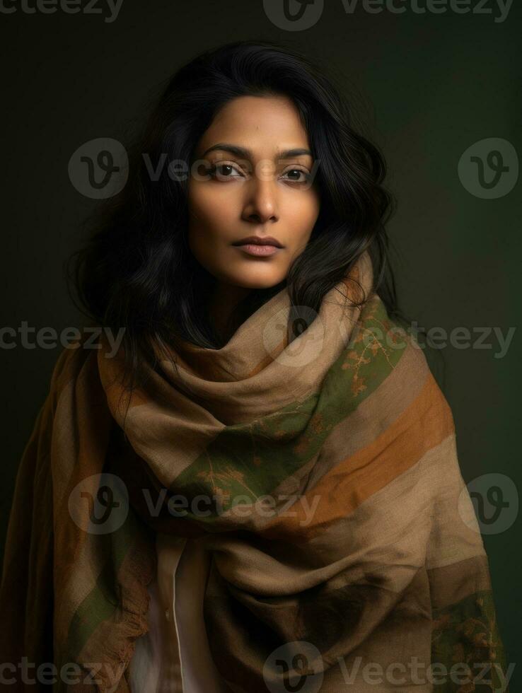 Indian woman is sad on a minimalist neutral background AI Generative photo