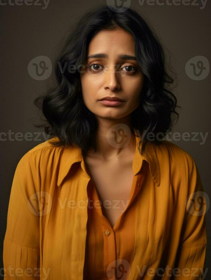Indian woman is sad on a minimalist neutral background AI Generative photo