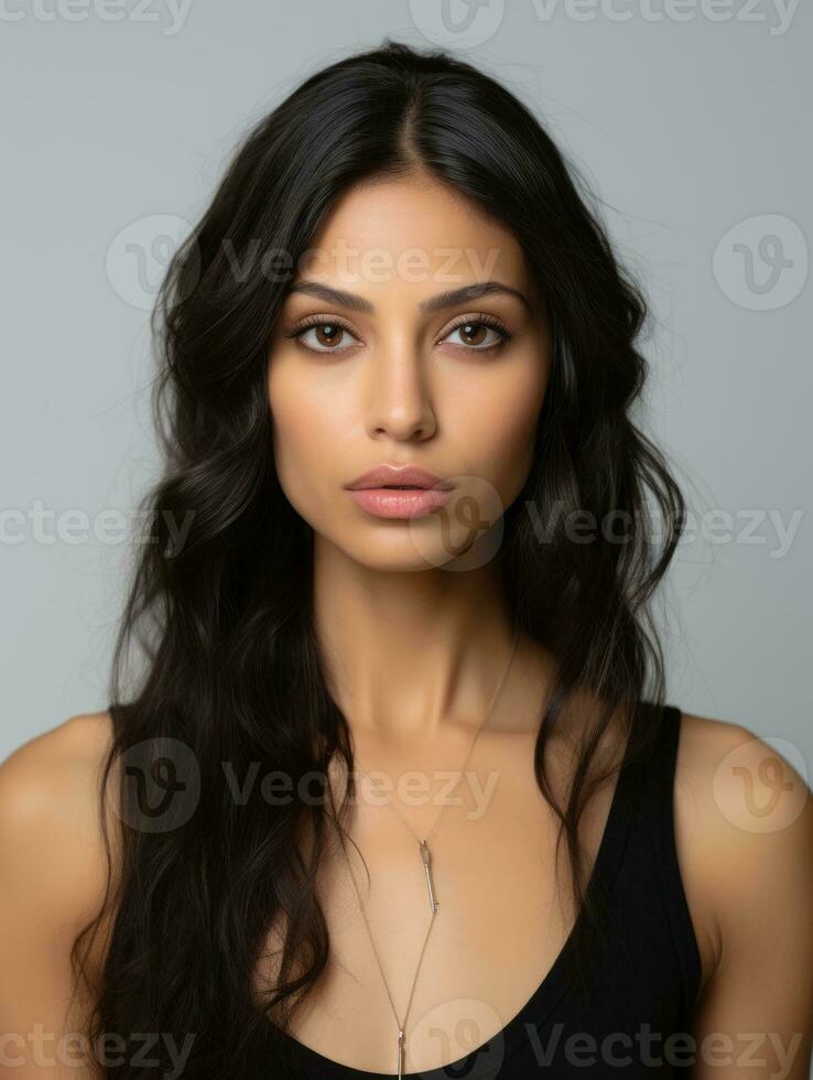 Indian woman is sad on a minimalist neutral background AI Generative photo