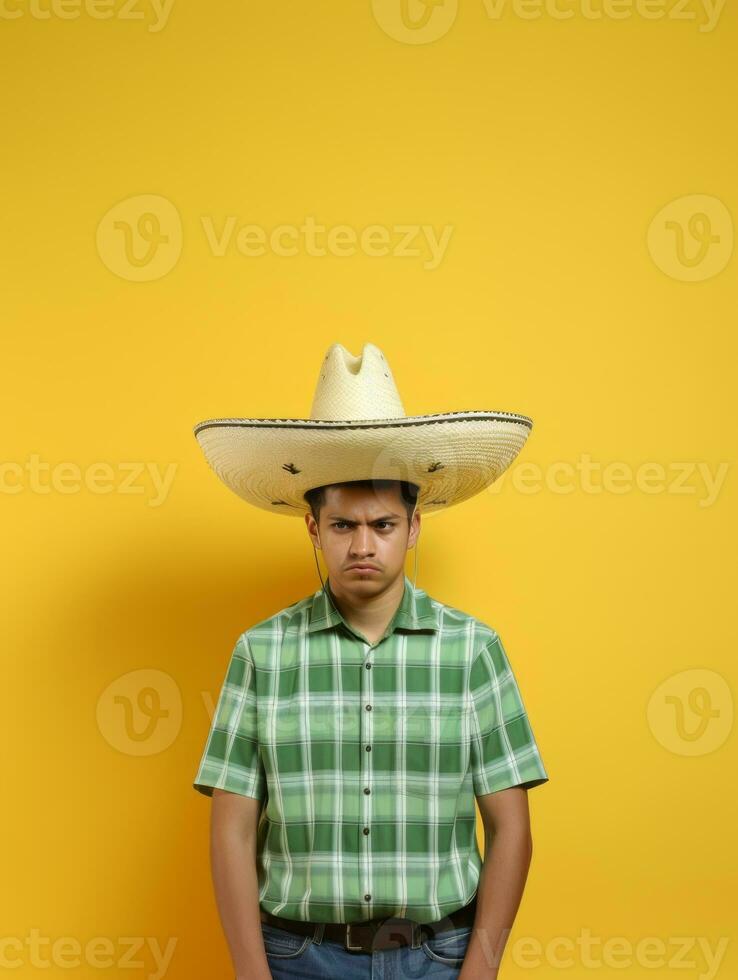 Mexican man is sad on a minimalist neutral background AI Generative photo