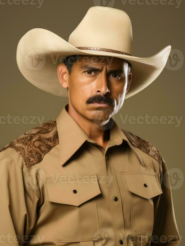 Mexican man is sad on a minimalist neutral background AI Generative photo