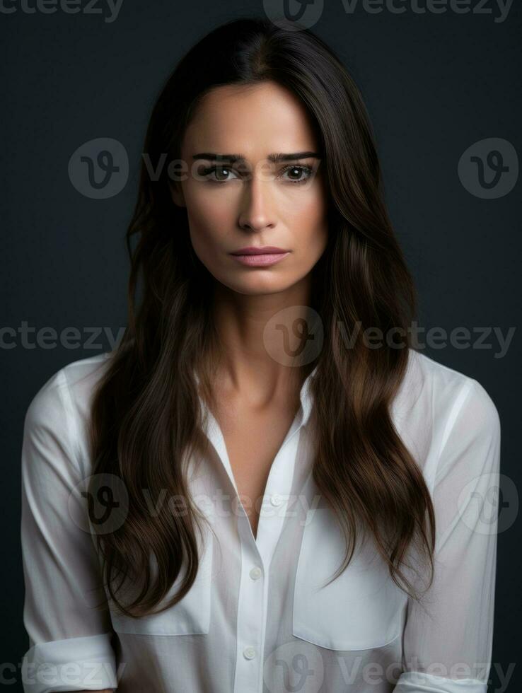 Mexican woman is sad on a minimalist neutral background AI Generative photo