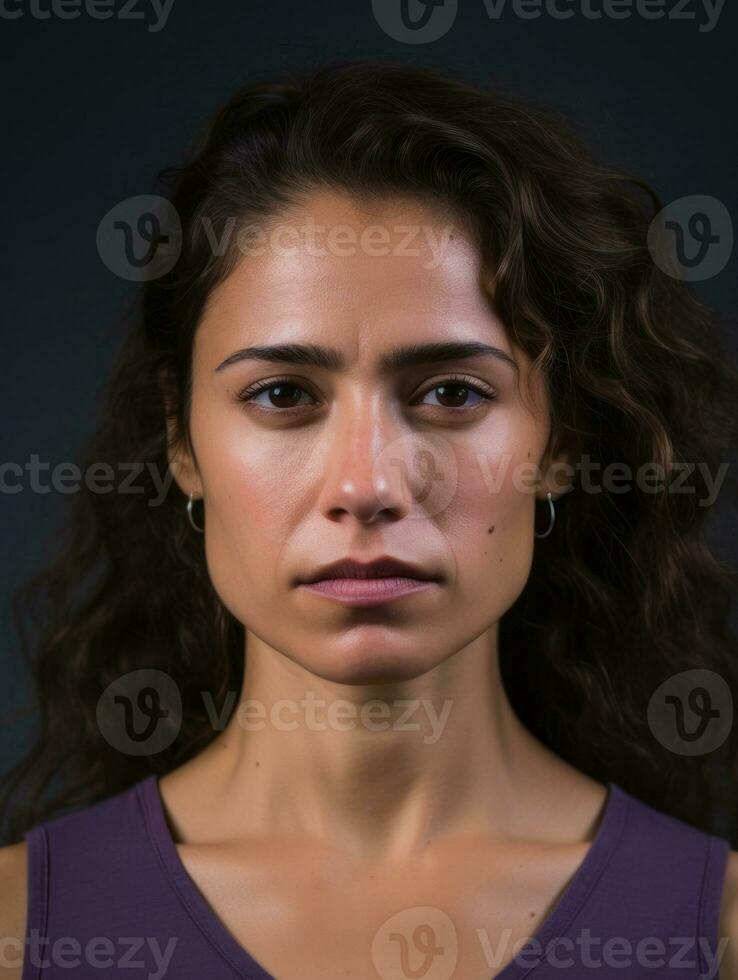 Mexican woman is sad on a minimalist neutral background AI Generative photo