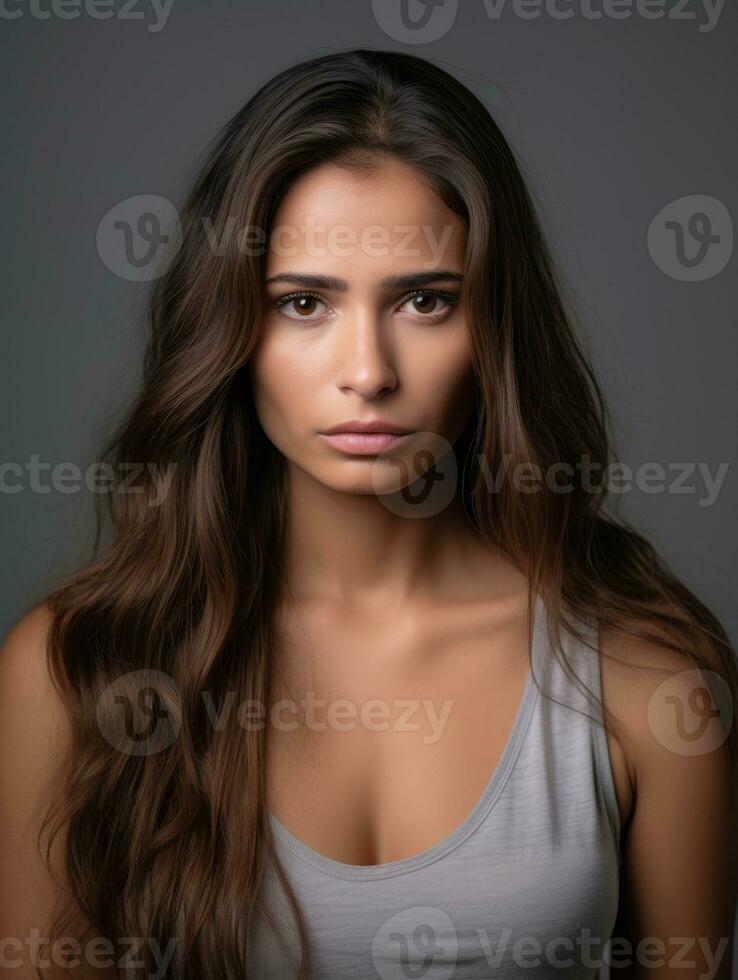 Mexican woman is sad on a minimalist neutral background AI Generative photo