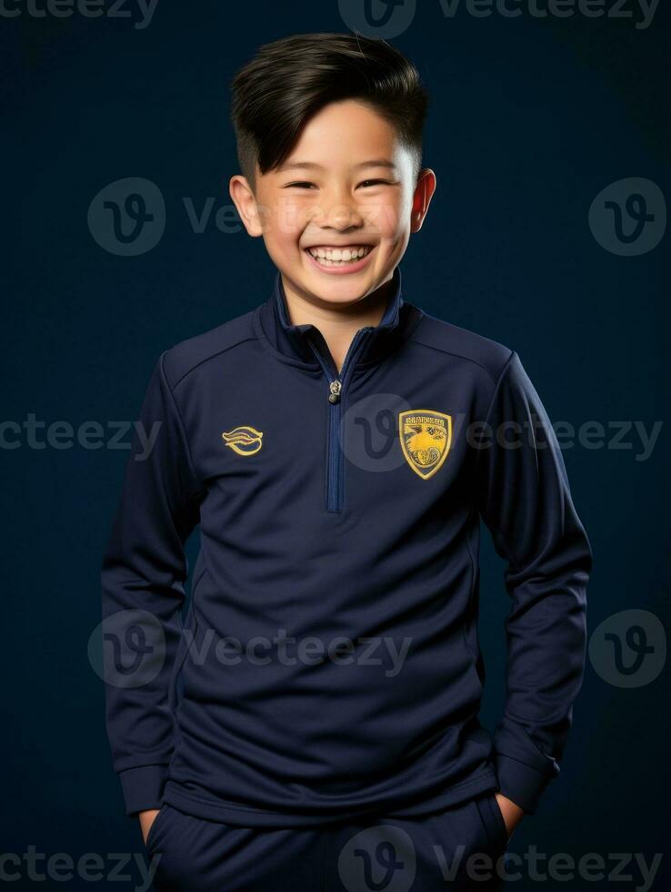 joven asiático niño vestido en ropa de deporte claramente activo y lleno de energía ai generativo foto