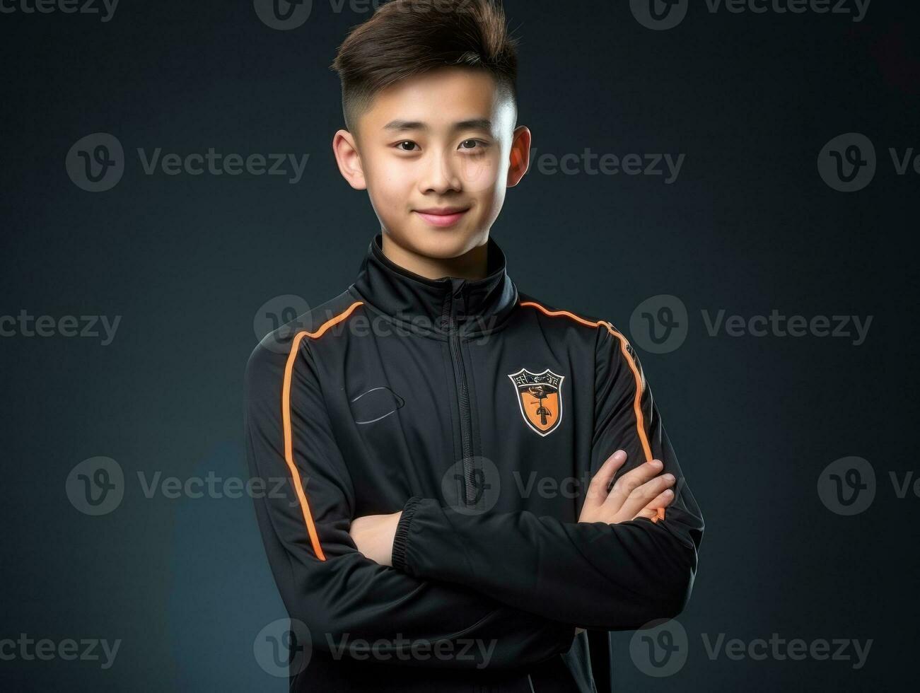 Young asian kid dressed in sportswear clearly active and full of energy AI Generative photo