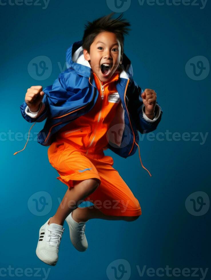 Young asian kid dressed in sportswear clearly active and full of energy AI Generative photo