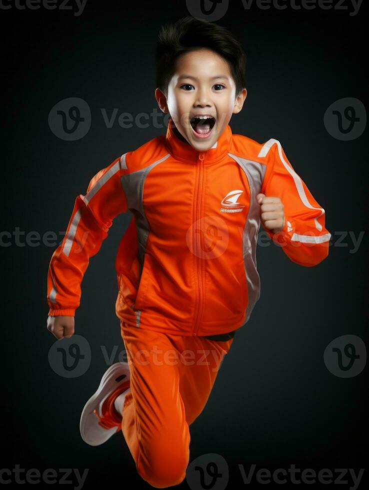 Young asian kid dressed in sportswear clearly active and full of energy AI Generative photo