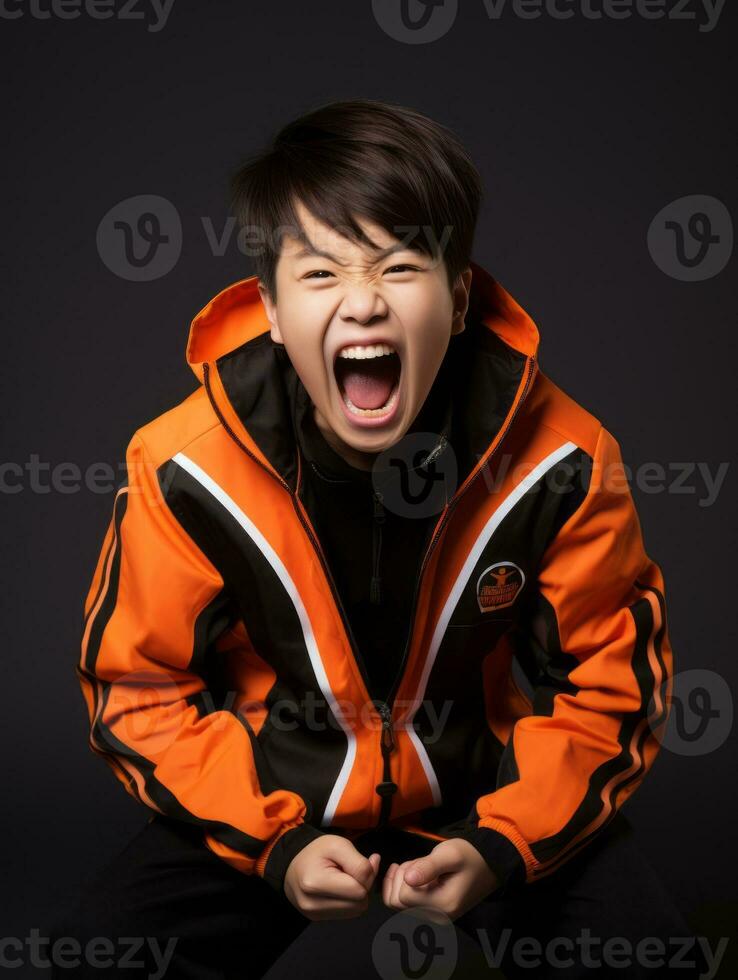 Young asian kid dressed in sportswear clearly active and full of energy AI Generative photo