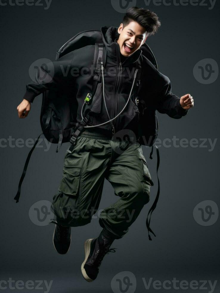 Young asian man dressed in sportswear clearly active and full of energy AI Generative photo