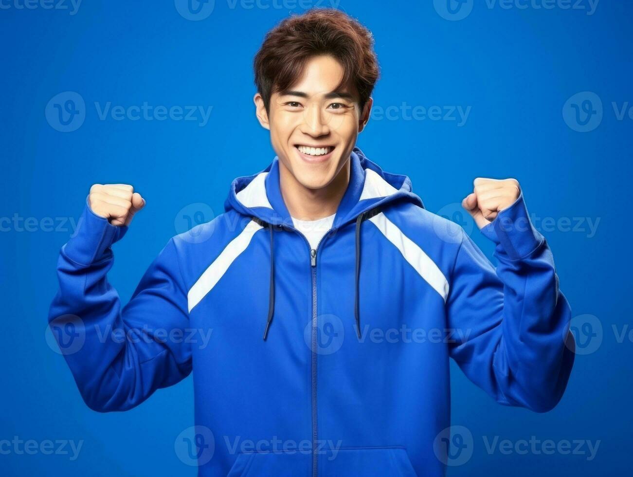 Young asian man dressed in sportswear clearly active and full of energy AI Generative photo