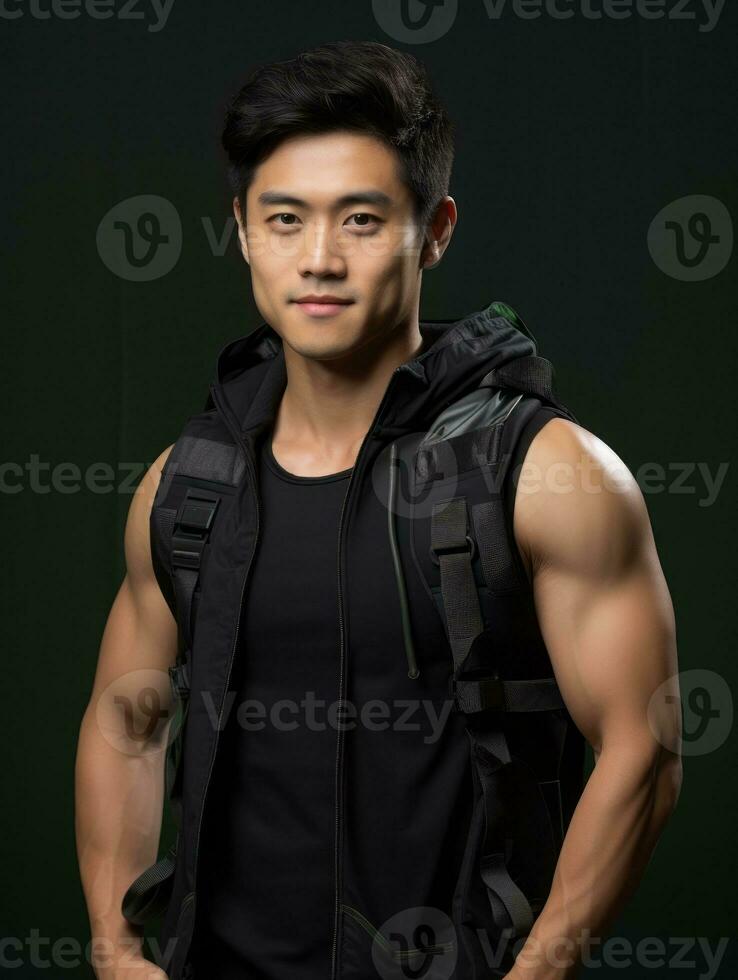 Young asian man dressed in sportswear clearly active and full of energy AI Generative photo