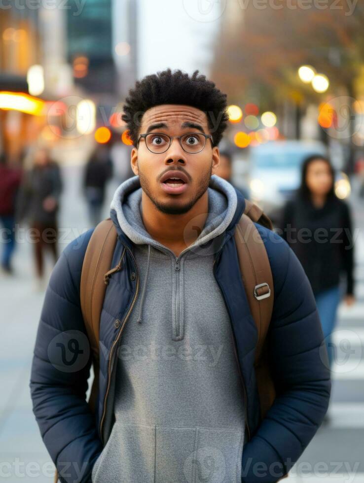 Young man with African features who appears to be shocked AI Generative photo
