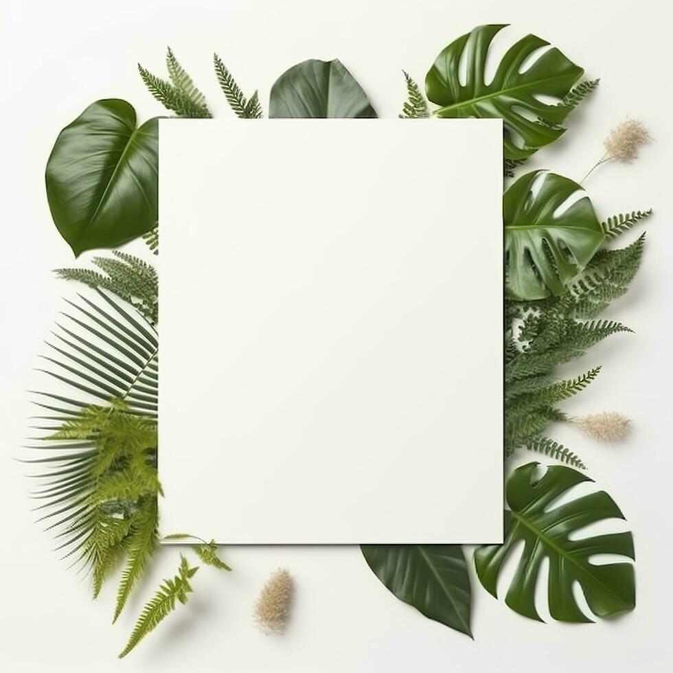 Frame with leaves.  Summer tropical leaves and blank frame with copy space on white background. Generative AI photo