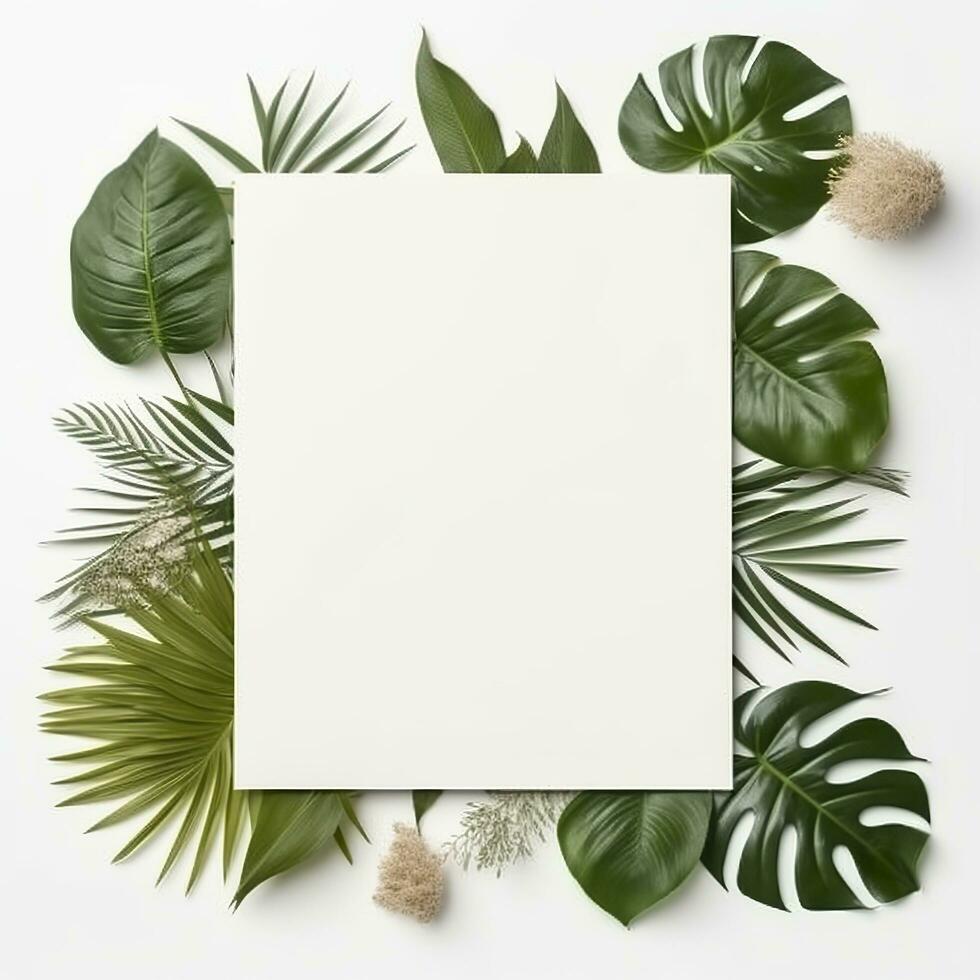 Frame with leaves.  Summer tropical leaves and blank frame with copy space on white background. Generative AI photo