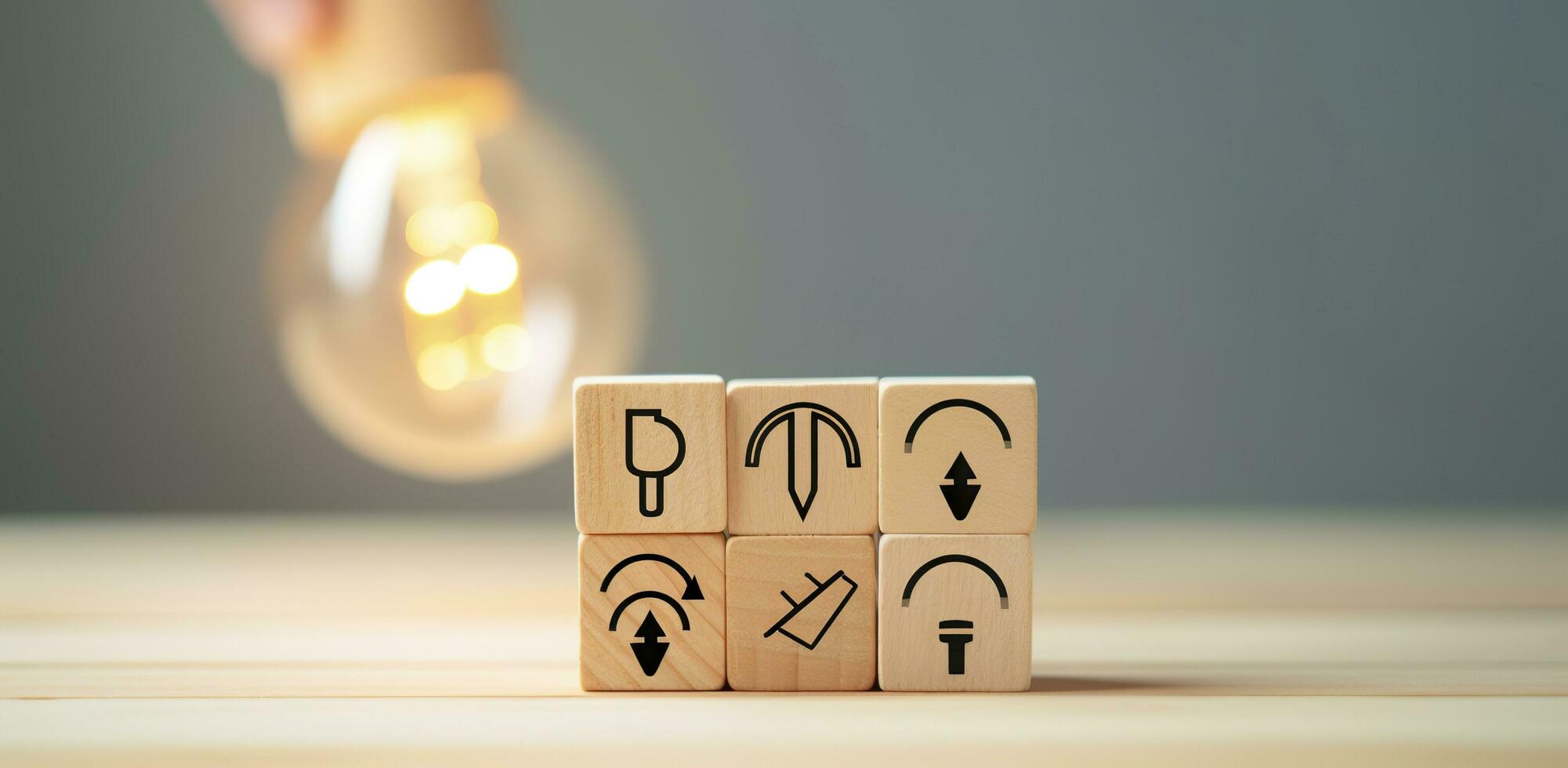 Creative idea, solution and innovation concept. Idea generation for business development. Wooden cube blocks with light bulb and cycle icons on clean background and copy space. AI Generative photo