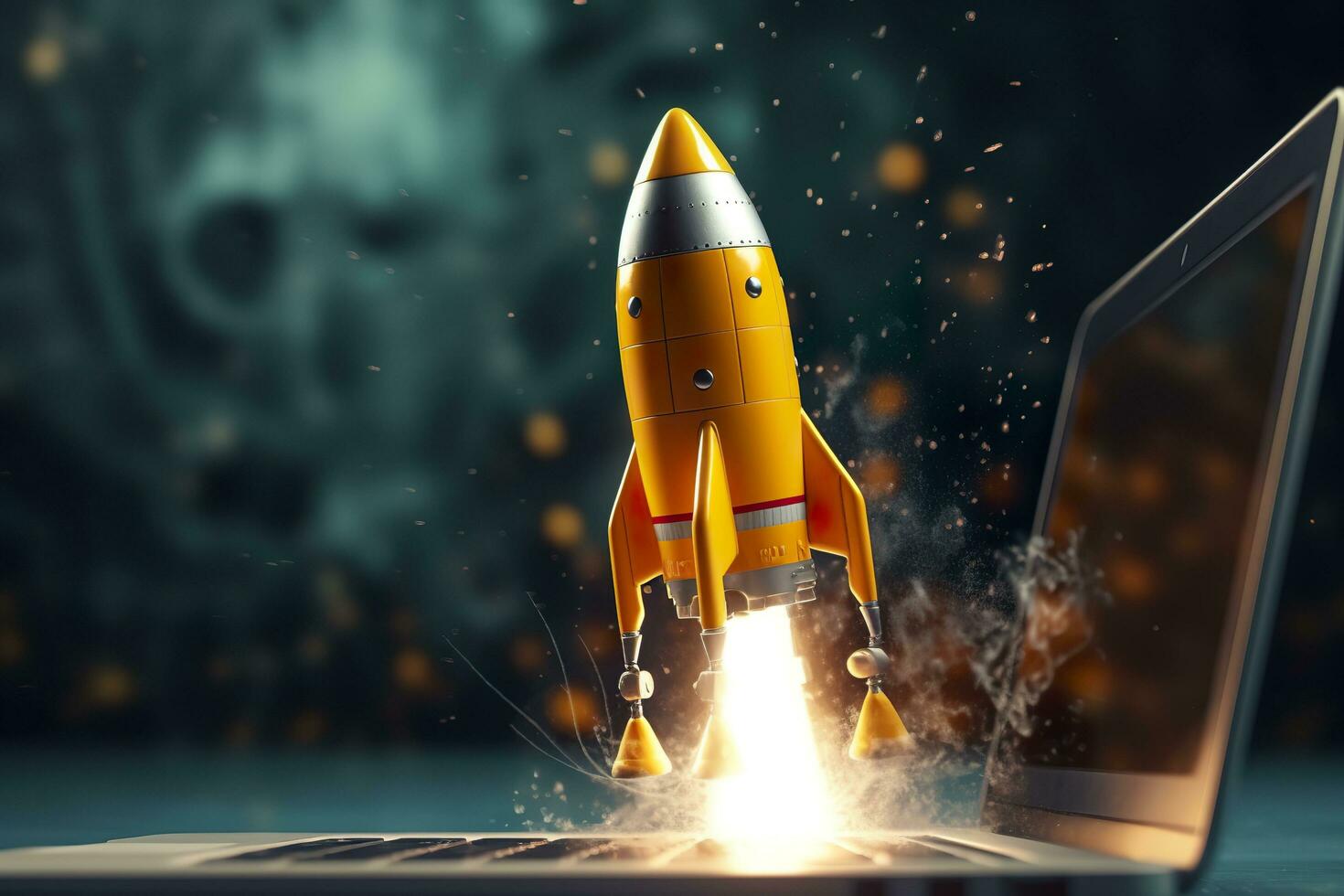 Launching a new product or service. Technology development process. Space rocket launch. 3d render. Yellow rocket lift up from the display laptop. AI Generative photo