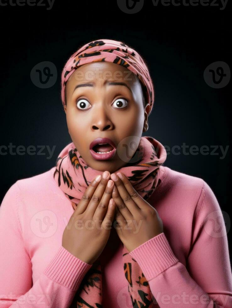 Young woman with African features who appears to be schocked AI Generative photo