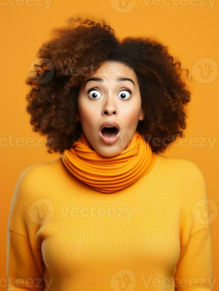 Young woman with African features who appears to be schocked AI Generative photo