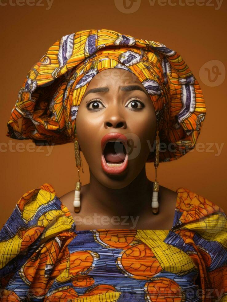 Young woman with African features who appears to be schocked AI Generative photo