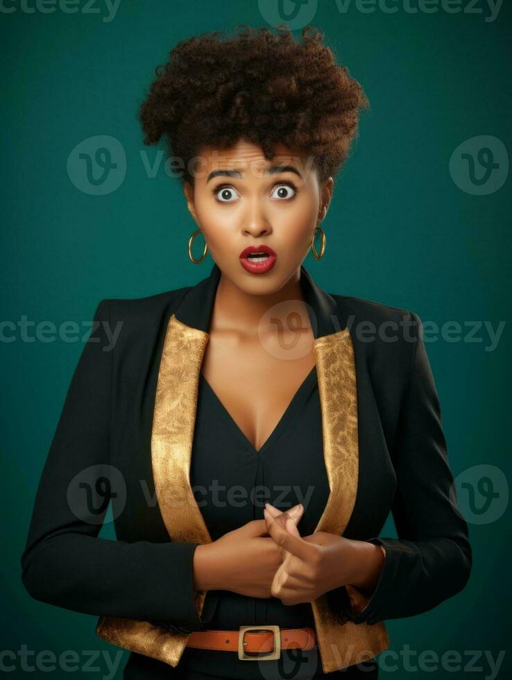 Young woman with African features who appears to be schocked AI Generative photo