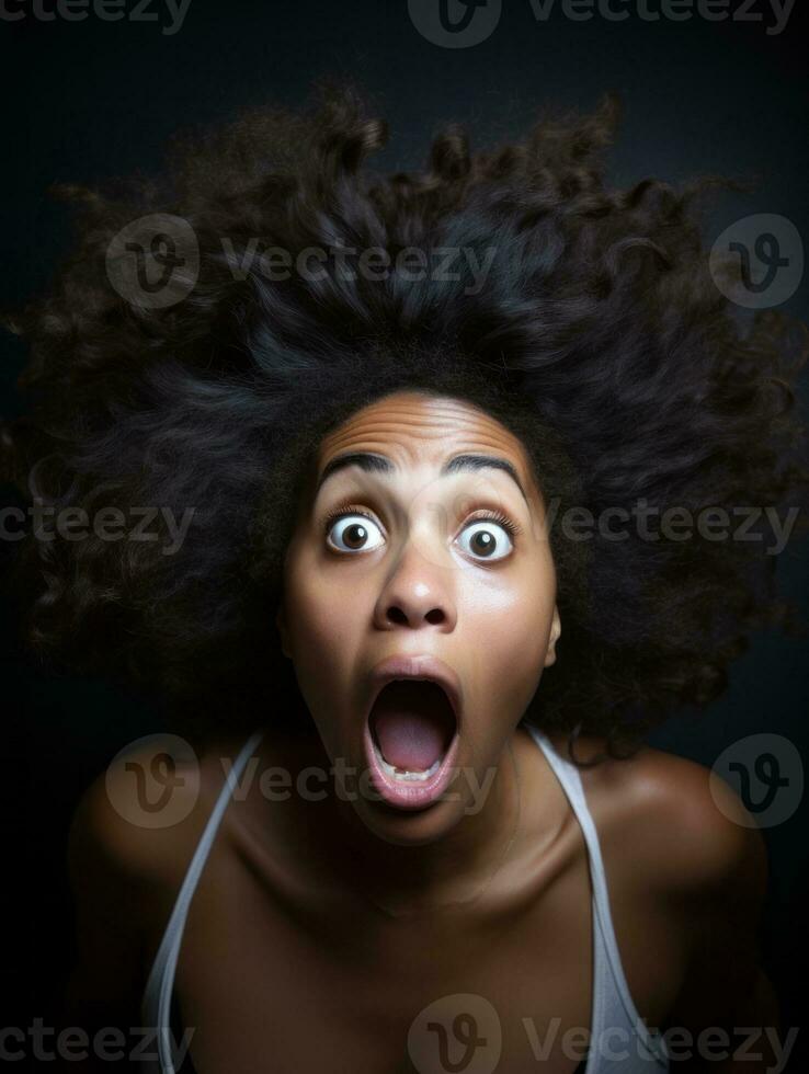 Young woman with African features who appears to be schocked AI Generative photo