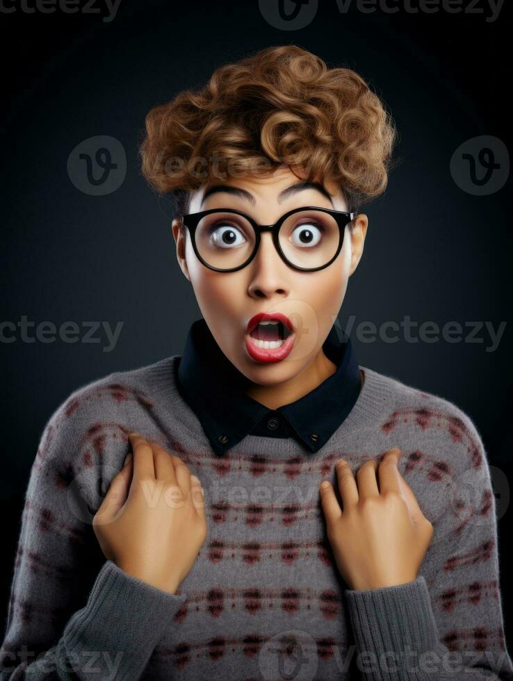 Young woman with African features who appears to be schocked AI Generative photo