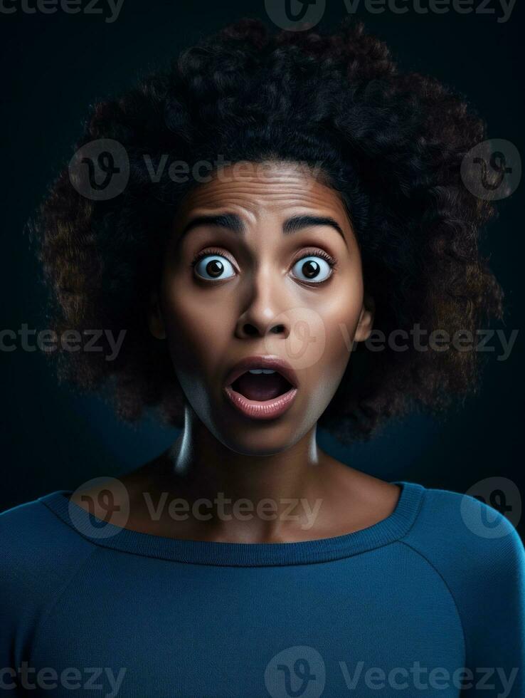 Young woman with African features who appears to be schocked AI Generative photo