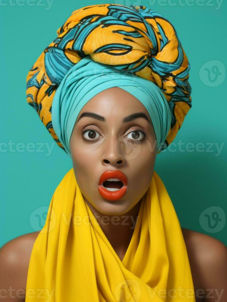 Young woman with African features who appears to be schocked AI Generative photo