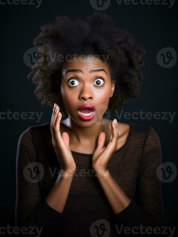 Young woman with African features who appears to be schocked AI Generative photo