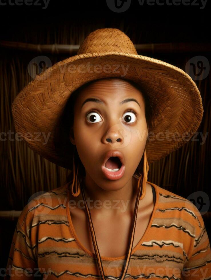 Young woman with African features who appears to be schocked AI Generative photo