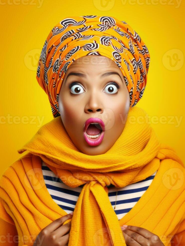Young woman with African features who appears to be schocked AI Generative photo