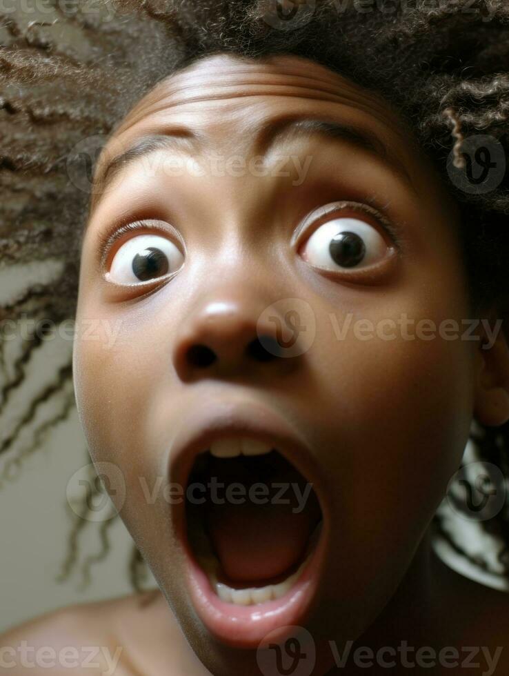 Young woman with African features who appears to be schocked AI Generative photo