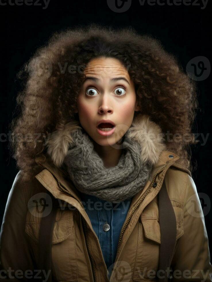Young woman with African features who appears to be schocked AI Generative photo