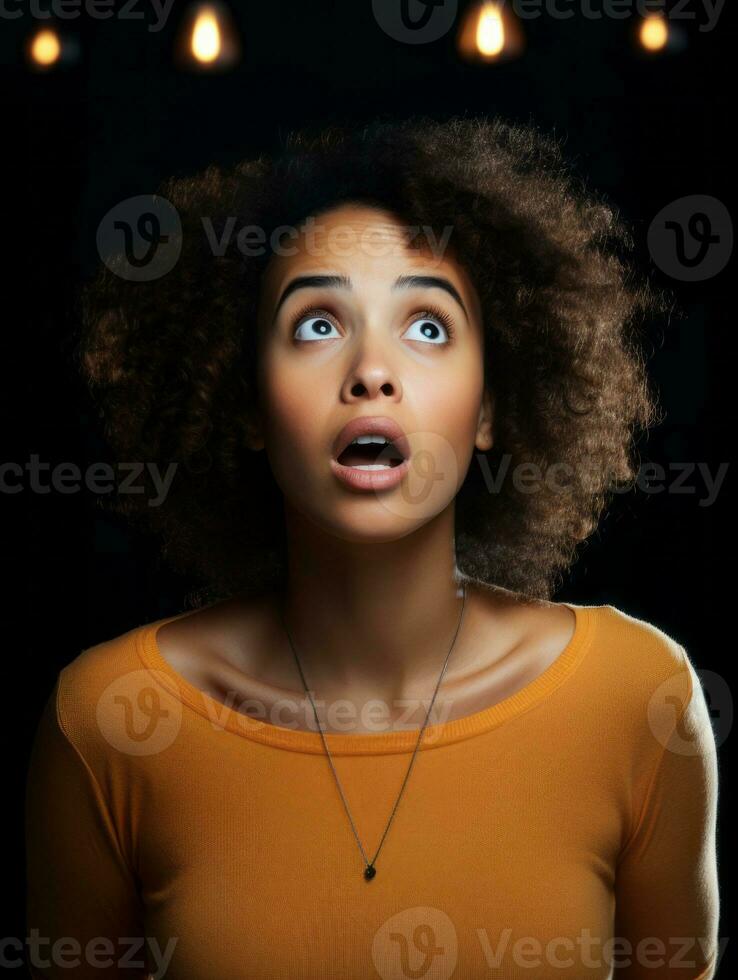 Young woman with African features who appears to be schocked AI Generative photo
