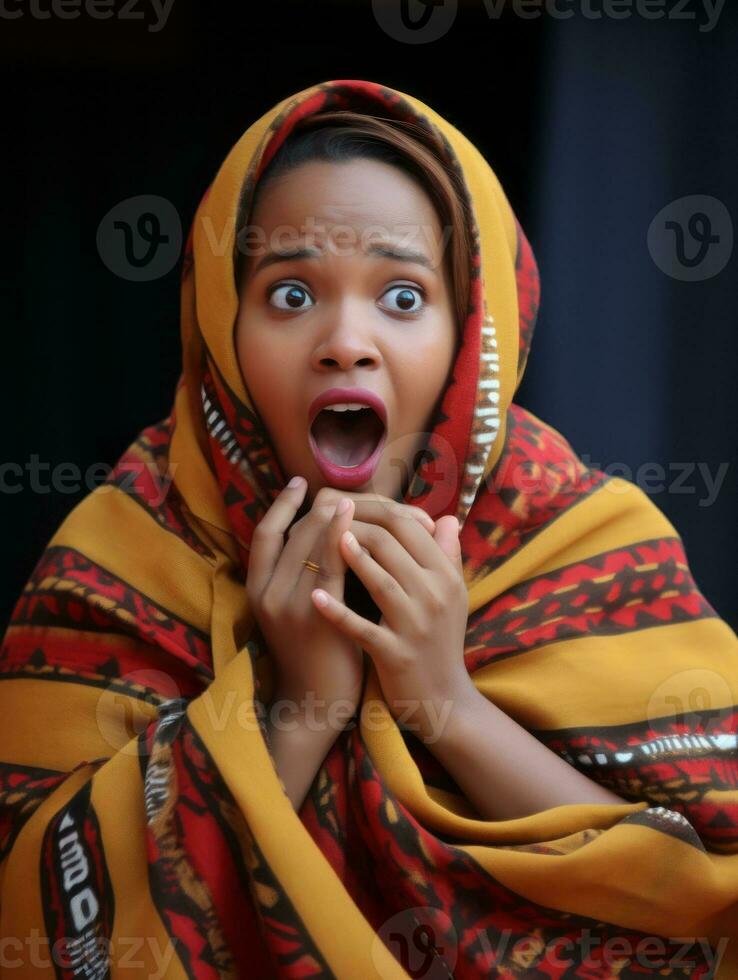Young woman with African features who appears to be schocked AI Generative photo